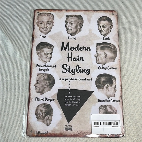 Vintage Vibe NWT 50s Men's Hair Styling Tin Metal Sign Barbershop Black White - Picture 6 of 6